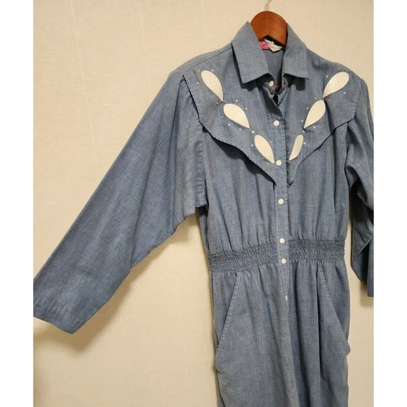 70s 80s Evelyn Pearson Women Vintage Jumpsuit Chambray Denim Style Neiman Marcus - Picture 4 of 9
